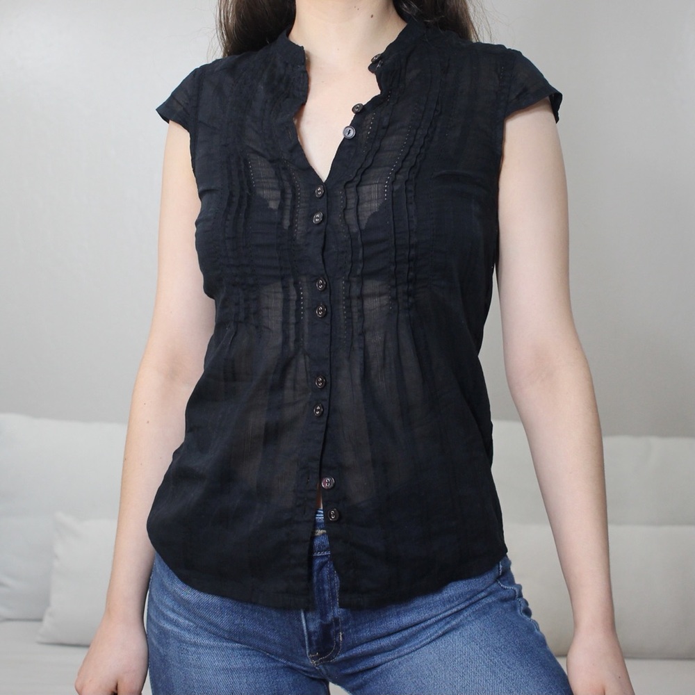 Divided Button-up Blouse Sheer Black Size 4